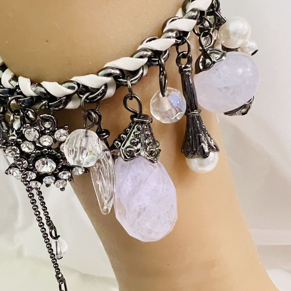 Art Glass Dangle Charm Bracelet Faux Pearl Leather Lilac Rhinestone Dangle